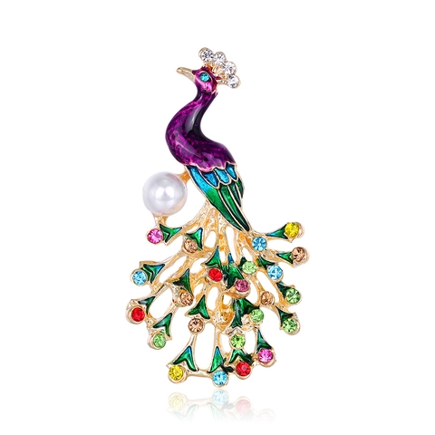Spilla a Forma di Pavone in Lega Vintage per Donna con Smalto Colorato Strass Animale Spilla con Perla Artificiale Gioielli Etnici