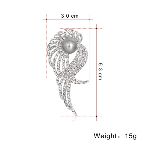 Elegante Spilla a Forma di Ala di Piuma in Lega con Strass e Perla Artificiale Grigia per Gioielli Moda Donna Accessorio Abbigliamento