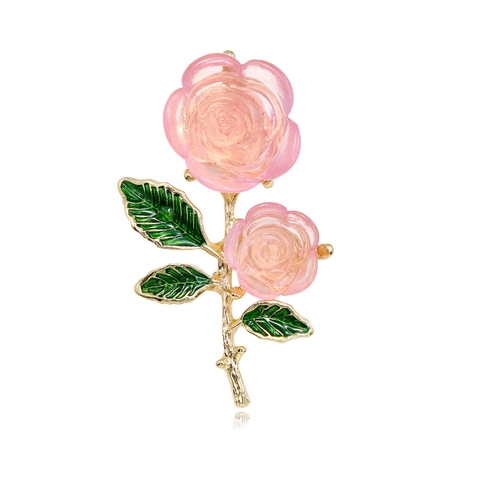 Eleganter Rosa Rosenblüten Brosche Für Damen Gold Legierung Grünes Blatt Emaille Corsage Anzug Pin Mode Schmuck Geschenk