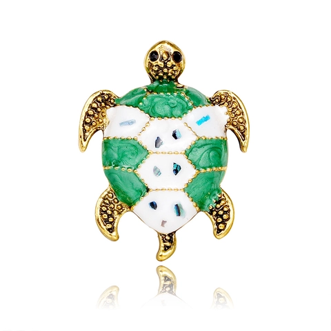 Broche Tortue de Mer en Alliage de Zinc Or Vintage Avec Émail Vert Blanc et Incrustation de Coquille Artificielle Bijoux Femme