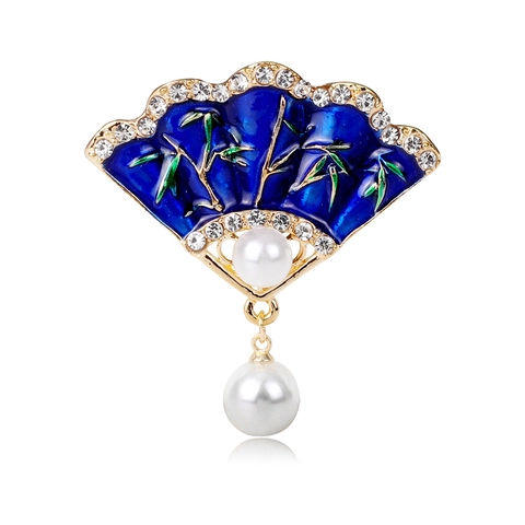 Spilla a Ventaglio in Stile Cinese Vintage Lega di Zinco Smalto Design Bambù Strass Perla Artificiale Gioielli Donna