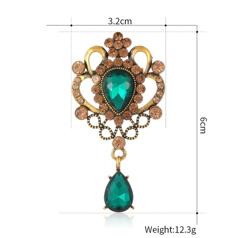 Baroque Palace Style Retro Rhinestone Brooch Zinc Alloy Glass Water Drop Pendant Brooch Pins For Suits Women Fashion Jewelry