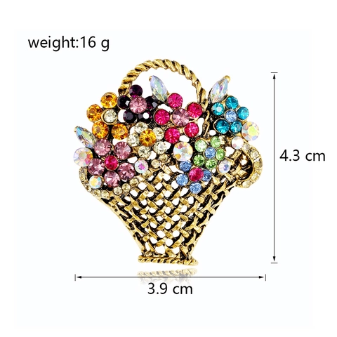 Vintage Palace Style Alloy Rhinestone Flower Basket Brooch Colorful Crystal Floral Pin For Women Wedding Banquet Jewelry