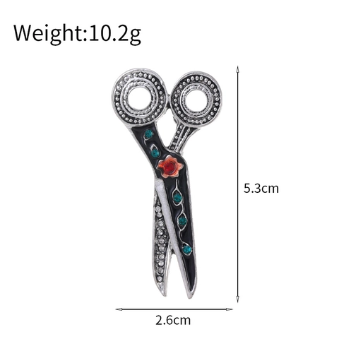 Vintage Zinklegierung Scherenform Brosche Mit Strass Emaille Blumenmuster Antik Silber Pin Für Unisex Mode Schmuck
