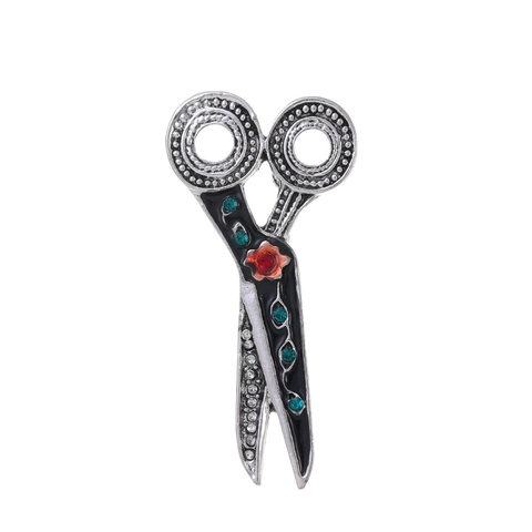Vintage Zinklegierung Scherenform Brosche Mit Strass Emaille Blumenmuster Antik Silber Pin Für Unisex Mode Schmuck