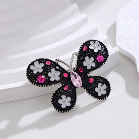 Vintage Enamel Butterfly Brooch For Women Alloy Rhinestone Pink Black Flower Corsage Jewelry Suit Coat Accessory