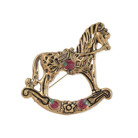 Spilla a Forma di Cavallo a Dondolo in Lega di Zinco Vintage Con Fiore di Rosa in Smalto Spilla Animale Retrò per Abiti da Donna Giacche Gioielli Accessori