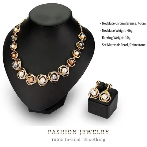 Elegante Set di Gioielli in Lega di Perle Artificiali Collana e Orecchini a Rosa Floreale Svuotata Oro Strass Set di Gioielli da Sposa Donna Con Perno in Argento Sterling 925
