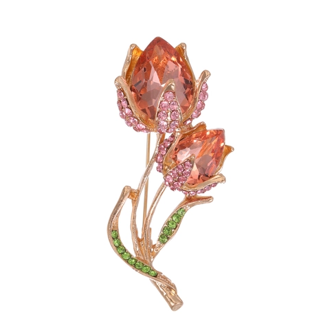 Eleganter Tulpen Blume Brosche Für Damen Zinklegierung Strass Glas Pin Für Anzüge Mäntel Gold Orange Mode Schmuck