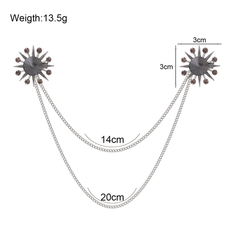Retro Zinc Alloy Sun Flower Double Chain Brooch With Rhinestones Ancient Silver Lapel Pin For Men Women Banquet Party Jewelry