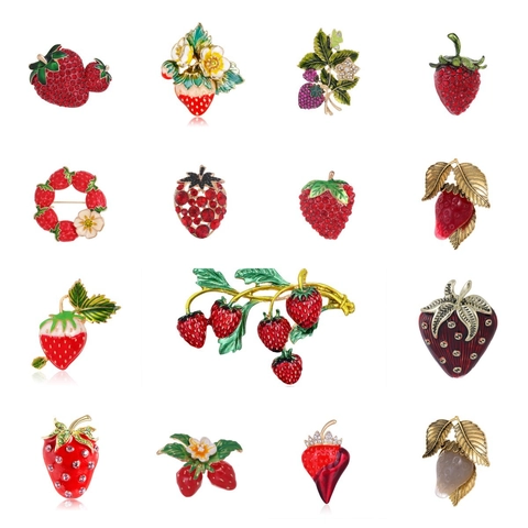Broche Fraise en Alliage de Strass à la Mode pour Femmes Épinglette de Fruits en Émail Coloré Accessoire de Robe de Banquet Élégant Bijou Douce Cadeau