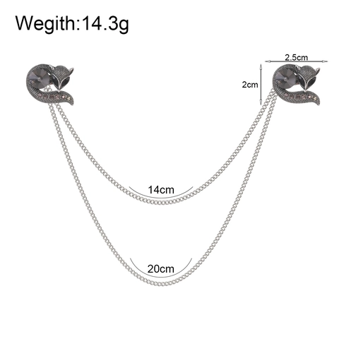 Vintage Fox Shape Double Chain Collar Pin Brooch Antique Silver Zinc Alloy Rhinestone Tassel Badge For Shirt Men Women Jewelry