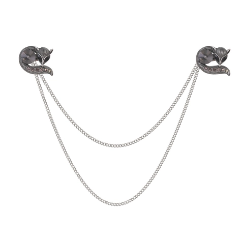 Vintage Fox Shape Double Chain Collar Pin Brooch Antique Silver Zinc Alloy Rhinestone Tassel Badge For Shirt Men Women Jewelry