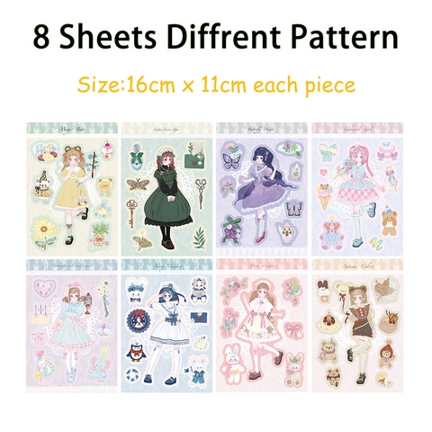 8 Feuilles Autocollants DIY Tenue de Fille de Fête Dessin Animé Imperméable PVC Décoration Journal Téléphone Portable