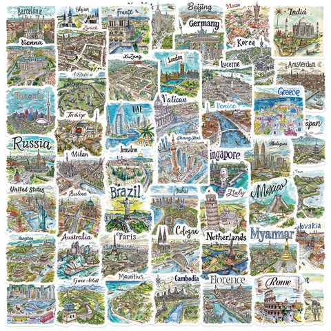World Travel Landmarks PVC Stickers For Suitcase Laptop Scrapbook Hand-Drawn Style DIY Decorative Decals Set