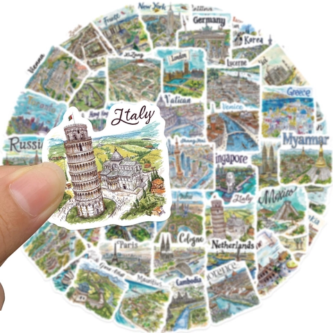 World Travel Landmarks PVC Stickers For Suitcase Laptop Scrapbook Hand-Drawn Style DIY Decorative Decals Set