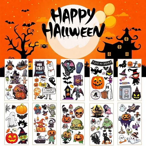 Adesivi per Tatuaggi Temporanei di Halloween Impermeabili Cartoni Animati Zucca Fantasma Pipistrello per Bambini Festa