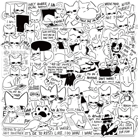 Adesivi Doodle MEME Gatto Disegnati a Mano in PVC Impermeabile per Laptop Chitarra Skateboard Bagaglio Adesivi Decorativi Fai da Te