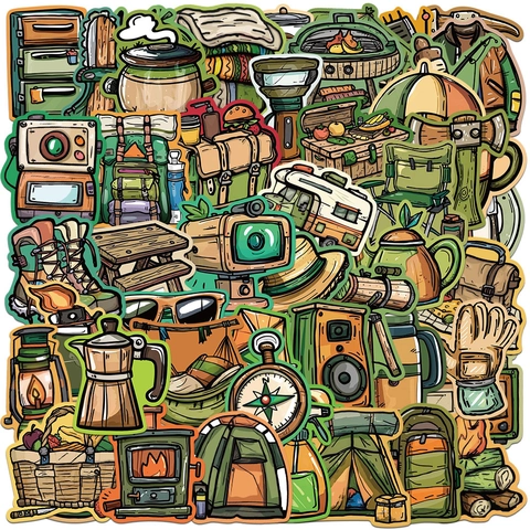 Autocollants de Camping en Plein Air Vintage Imperméables en PVC Dessin Animé pour Valise Ordinateur Guitare Bouteille Skateboard