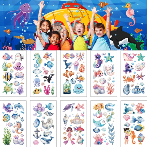Adesivi per Tatuaggi Temporanei per Bambini Mondo Oceanico Animali Marini Cartone Animato Acquerello Tatuaggi Impermeabili Regalo Festa