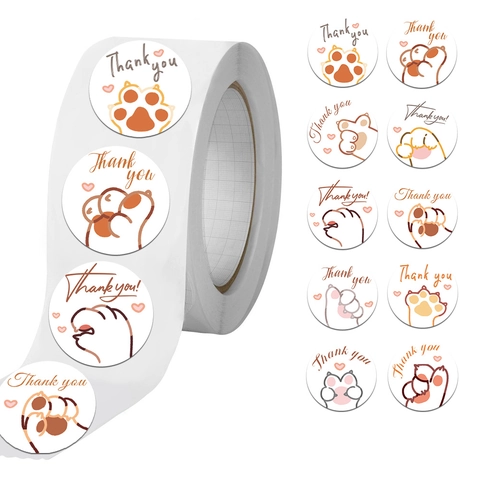 500 Pezzi Per Rotolo Simpatici Adesivi Thank You Zampa di Gatto Etichette Decorative Adesive per Sigillatura Imballaggi Scrapbooking