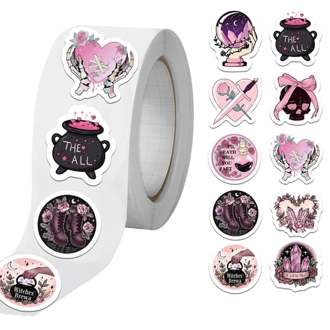 Adesivi Pastel Goth in Rotolo 500 Fogli 10 Motivi Rosa Nero Teschio Cuore Calderone Etichette Decorative Autoadesive