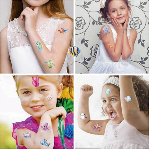 Adesivi per Tatuaggi Temporanei per Bambini Mondo Oceanico Animali Marini Cartone Animato Acquerello Tatuaggi Impermeabili Regalo Festa