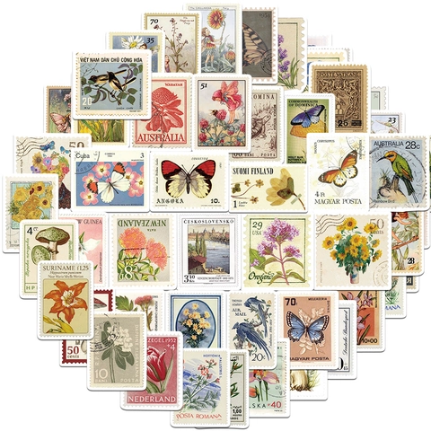 Vintage Postzegels Stickers PVC Mat Waterdicht Bloemen Vlinder Vogel Natuur Esthetische Decals Voor Laptop Bagage Decoratie