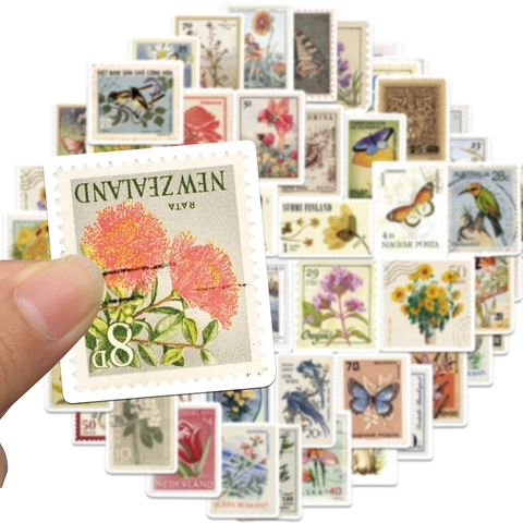Vintage Postzegels Stickers PVC Mat Waterdicht Bloemen Vlinder Vogel Natuur Esthetische Decals Voor Laptop Bagage Decoratie