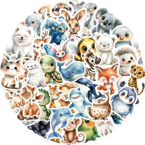 Autocollants Animaux Aquarelle Imperméables PVC Dessin Animé Décalcomanies pour Ordinateur Bouteille Bagage Cahier DIY Décoration