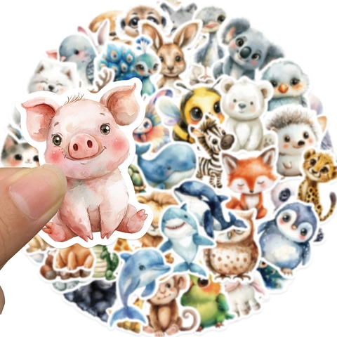Autocollants Animaux Aquarelle Imperméables PVC Dessin Animé Décalcomanies pour Ordinateur Bouteille Bagage Cahier DIY Décoration