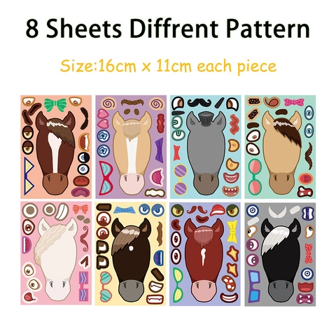 Cartoon Horse DIY Make A Face Stickers For Kids Educational Puzzle Creative Face Changing Waterproof PVC Stickers