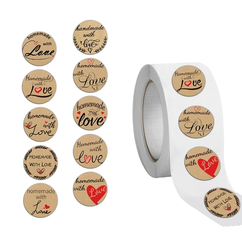 Vintage Kraft Paper Sealing Stickers Round Handmade With Love Heart Letter Pattern Gift Bag Packaging Labels Junk Journal Stickers