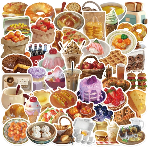 Waterproof Food Stickers For DIY Luggage Water Bottle Skateboard Journal PVC Cartoon Dessert Burger Pizza Decals Decor