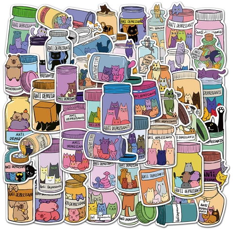 Cartoon Kat Anti Depressiva Stickers Waterdicht PVC DIY Genezing Dier Stickers Voor Waterbeker Notitieboek Laptop Decor