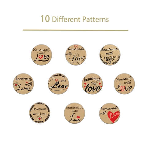 Vintage Kraft Paper Sealing Stickers Round Handmade With Love Heart Letter Pattern Gift Bag Packaging Labels Junk Journal Stickers