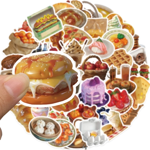 Waterproof Food Stickers For DIY Luggage Water Bottle Skateboard Journal PVC Cartoon Dessert Burger Pizza Decals Decor