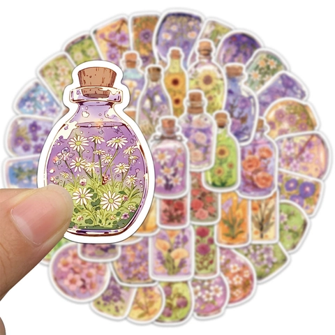 Adesivi Impermeabili in Stile Ins con Fiori in Bottiglia di Vetro per Custodia Telefono Laptop Bottiglia d'Acqua Scrapbooking