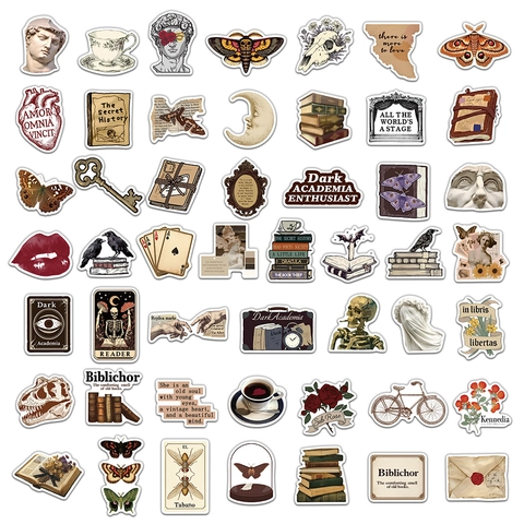 Autocollants Esthétiques Vintage Dark Academia pour Ordinateur Valise Bouteille d'Eau DIY Scrapbooking Étanche PVC Décalcomanies