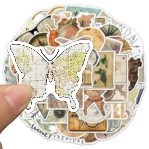 Autocollants Carte du Monde Voyage Vintage Imperméable PVC Décalcomanies pour Valise Ordinateur Bouteille Eau Scrapbooking Décor Retro