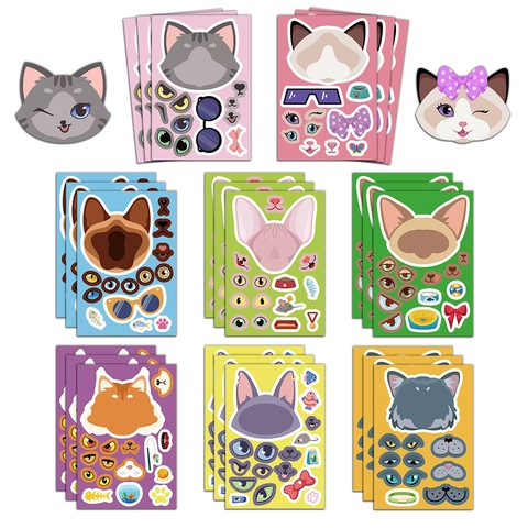 DIY Cartoon Katze Gesicht Aufkleber Für Kinder Belohnung Pädagogische Puzzle Aufkleber Wasserdicht PVC Material Scrapbooking Dekor