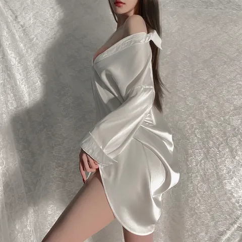 Camisón de Satén Sexy para Mujer Camisa de Dormir de Manga Larga de Seda con Cuello en V Ropa de Dormir con Encaje