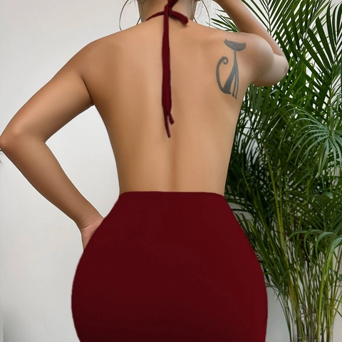 Nuisette Sexy Dos Nu à Col Bénitier pour Femmes Texture Satin Fente Latérale Chaîne en Strass Vêtements de Nuit Polyester