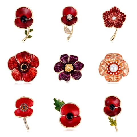 Spilla in Lega a Forma di Papavero Giorno del Ricordo Smalto Rosso Strass Pin da Risvolto Gioielli Accessori Moda Donna Uomo