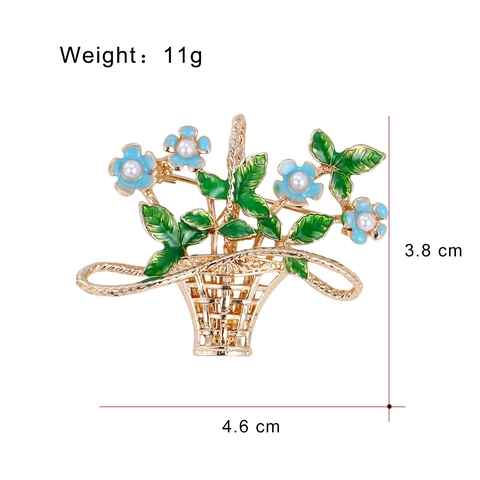 Fashion Alloy Flower Basket Brooch For Women With Enamel Blue Flowers And Artificial Pearl Accents Vintage Dress Accessories