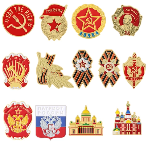 Vintage Soviet Russian Enamel Pin Brooches Alloy Sickle Hammer Lenin Red Star Architecture Commemorative Badge For Clothing