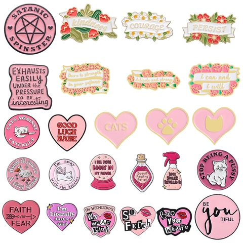 Lustige Rosa Emaille Anstecknadel Cartoon Katze Slogan Motivierende Blume Abzeichen Legierung Brosche Für Kleidung Taschen Dekor