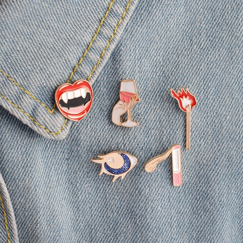 Trendy Alloy Enamel Brooch Pin For Women Men Fashion Pop Art Matchstick Lip Wine Glass Cigarette Eye Badge Jewelry Gift