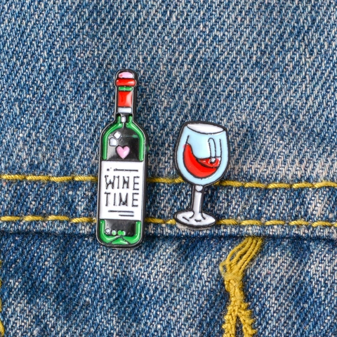 Cartoon Wine Bottle Enamel Pin Wine Time Red Wine Glass Brooch Alloy Badge Jewelry For Backpack Denim Jacket Decor Women Men Gift