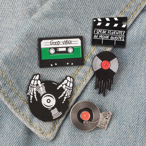 Retro Music Movie Enamel Pin Set Alloy Vinyl Record Gramophone Cassette Tape Clapperboard Brooch Clothing Accessories Gift